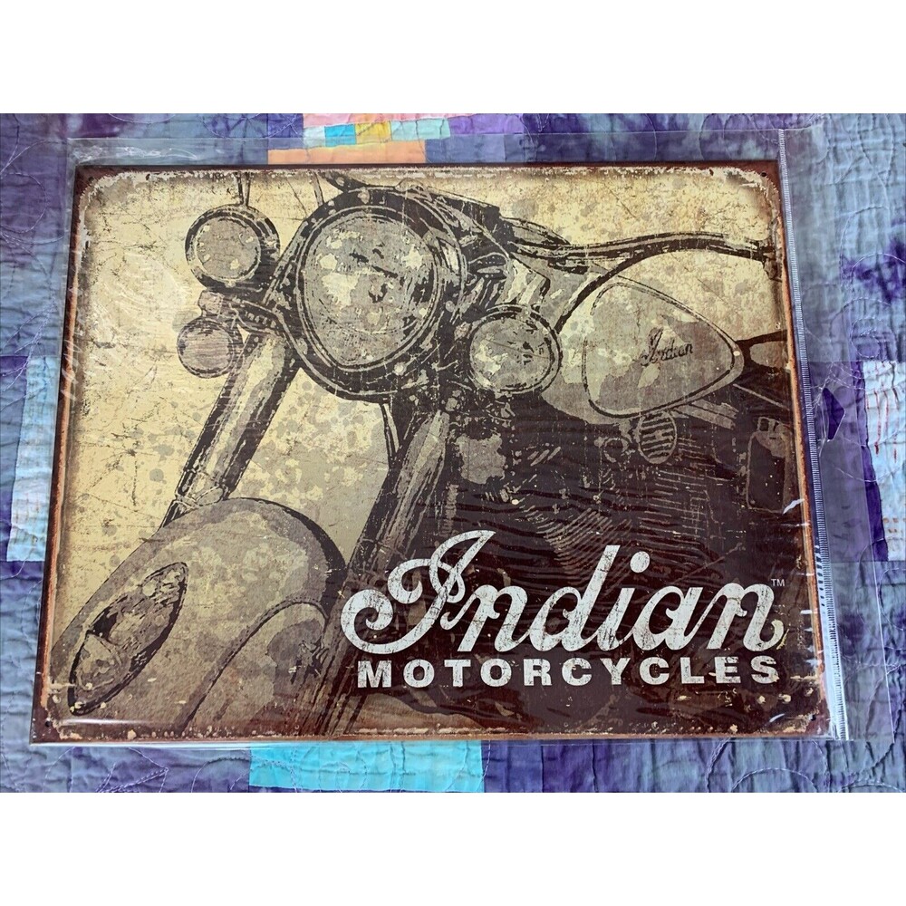 Antiqued Indian Tin Sign Ad American Motorcycle Biker Enthusiast